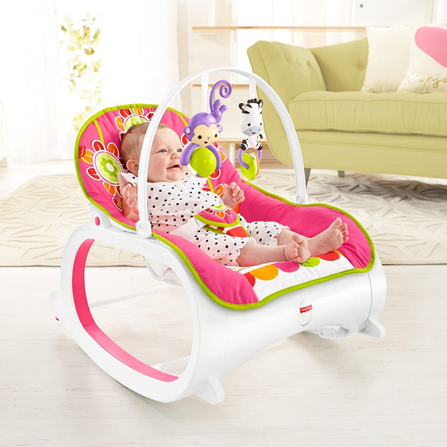 Fisher-Price Infant-to-Toddler Rocker Floral Confetti, stationary baby seat and rocking chair with toys