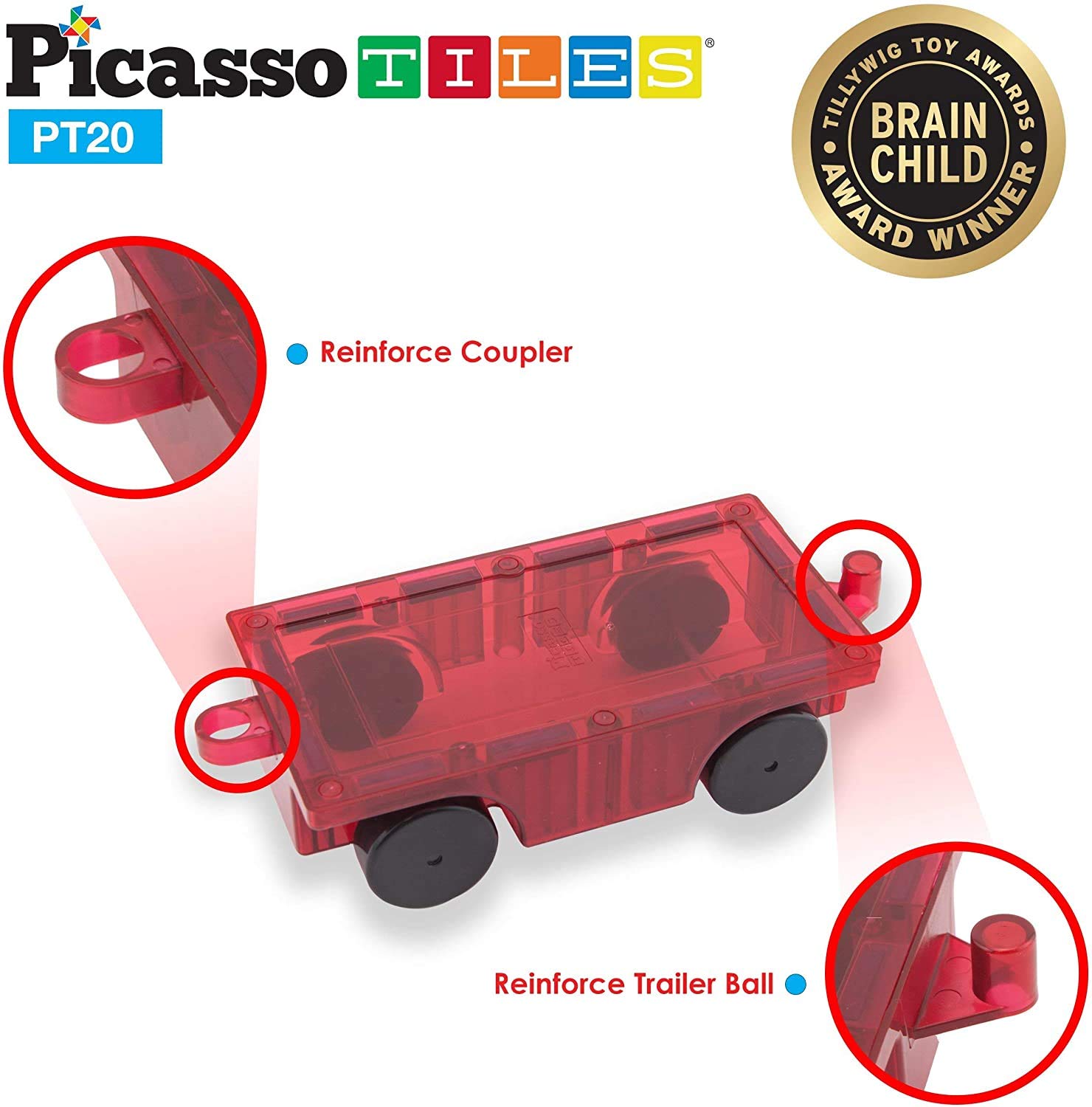 PicassoTiles 2 Piece Car Truck Construction Kit Toy Set Vehicle Educational Magnet Building Tile Magnetic Blocks Puzzle Magnets Toys with Re-Enforced Hitch and Long Bed for Girls Boys Toddler Ages 3+