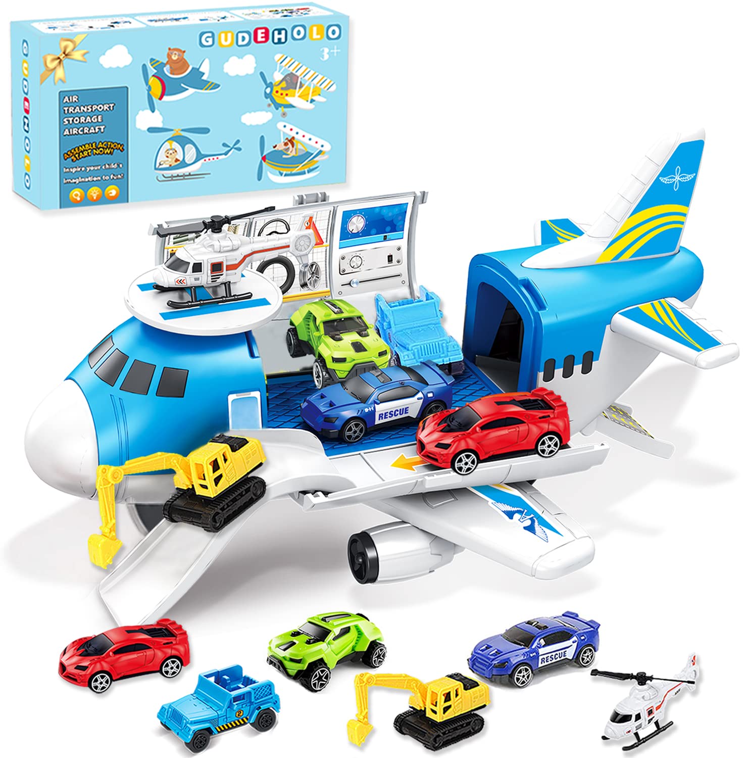 GUDEHOLO Airplane Toy, Transport Cargo Airplane Car Toy Play Set for 3 4 5 Year Old Boy and Girls, Take Apart Plane Aeroplane Toys, Gift for Kids