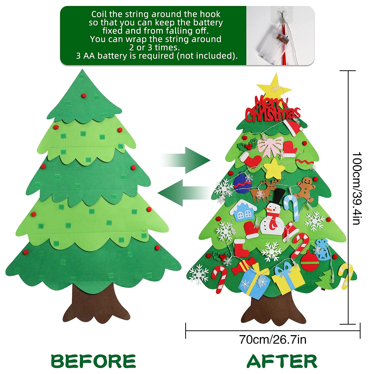 Felt Christmas Tree for Kids Wall, Felt Christmas Tree for Toddlers with Snowflake Lights + 32 Ornaments, DIY Felt Tree Set Xmas Christmas Decorations, Kids Toddler Christmas Gifts