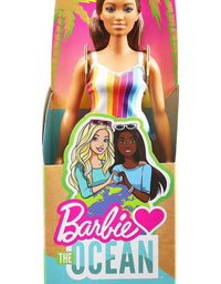 Barbie Loves The Ocean Beach-Themed Doll (11.5-inch Curvy Brunette), Made from Recycled Plastics, Wearing Fashion & Accessories, Gift for 3 to 7 Year Olds
