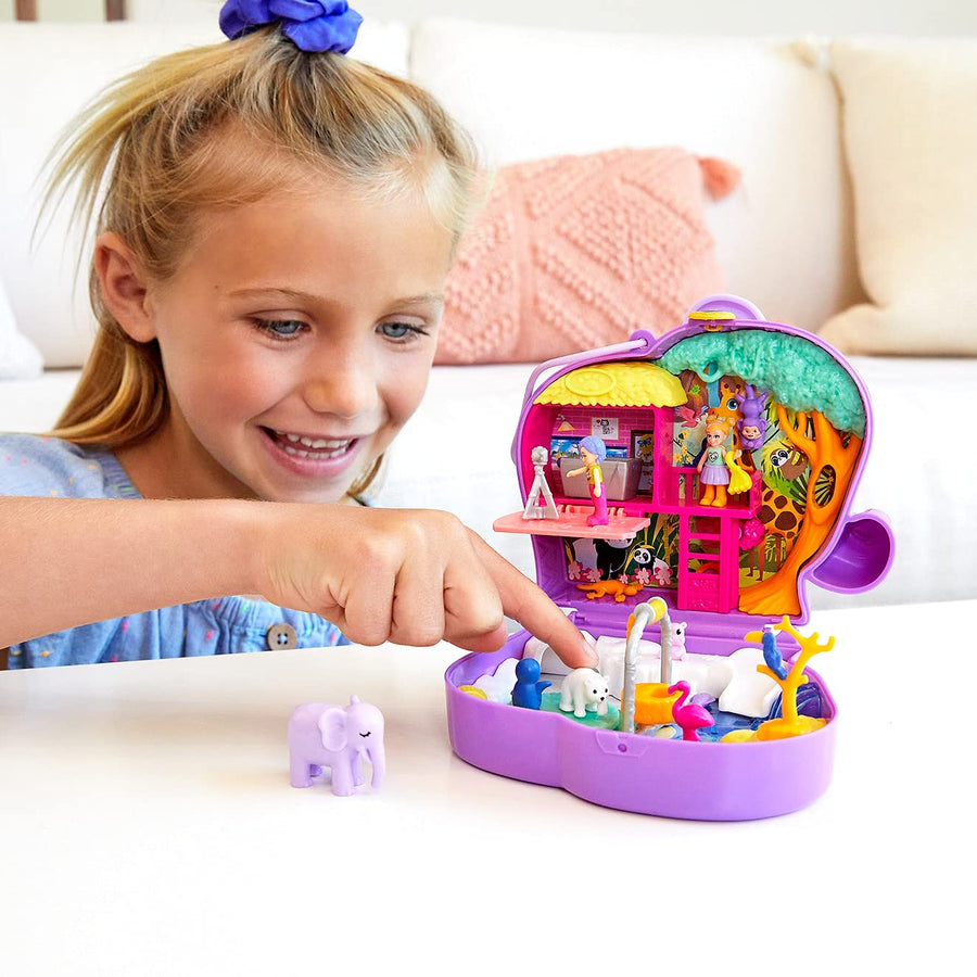 Polly Pocket Elephant Adventure Compact, Animal Theme with Micro Polly & Bella Dolls, 5 Reveals & 13 Related Accessories, Pop & Swap Feature, Great Gift for Ages 4 Years Old & Up