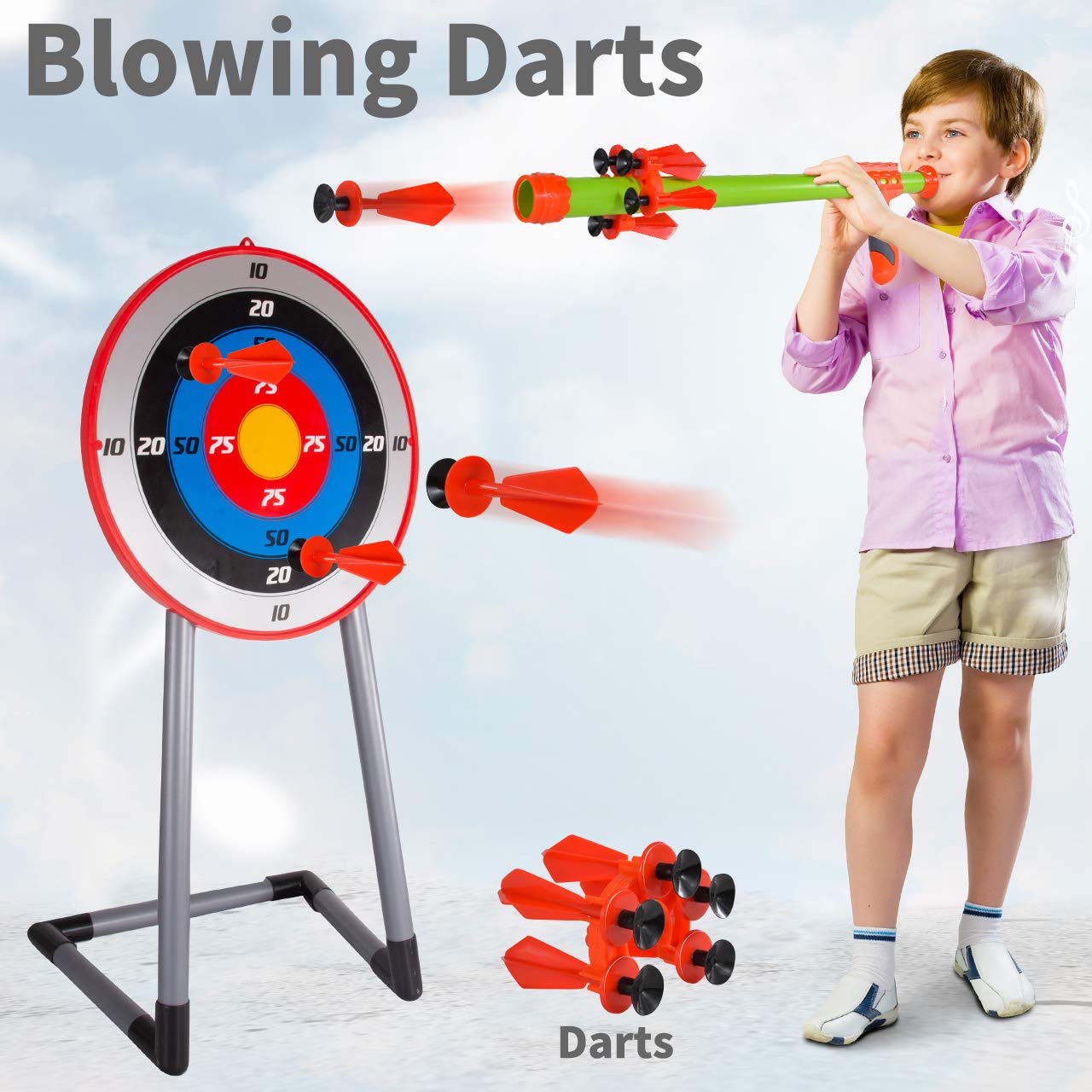 CAPTAIN CHAOWING Bow and Arrow for Kids, Archery Toy Set, 2 Bows & 1 Blowing Bow & 12 Arrows & 5 Quivers & Standing Target, Outdoor Toys for Children Boys Girls