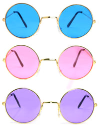 Skeleteen Tinted Round Hippie Glasses – Pink Purple And Blue 60's Style Hipster Circle Sunglasses - 3 Pairs
