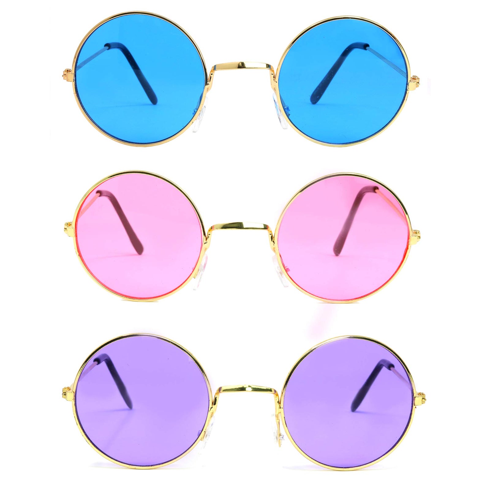 Skeleteen Tinted Round Hippie Glasses – Pink Purple And Blue 60's Style Hipster Circle Sunglasses - 3 Pairs