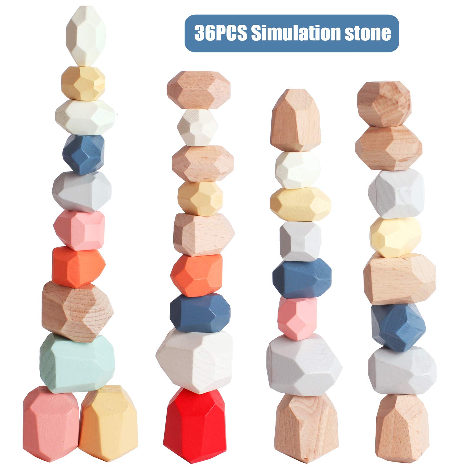 36 PCs Wooden Sorting Stacking Balancing Stone Rocks Educational Preschool Learning Toys Large Small Building Blocks Game Stones Lightweight Puzzle Set for Kids 3 Years Old