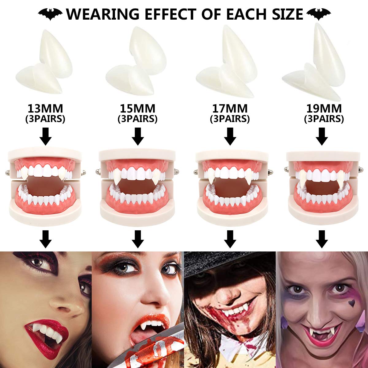 Nobie vivid 12 Pairs Vampire Teeth with Adhesive, Halloween Decorations Vampire Fangs, Halloween Party Cosplay Props,4 Size(13mm,15mm,17mm,19mm)