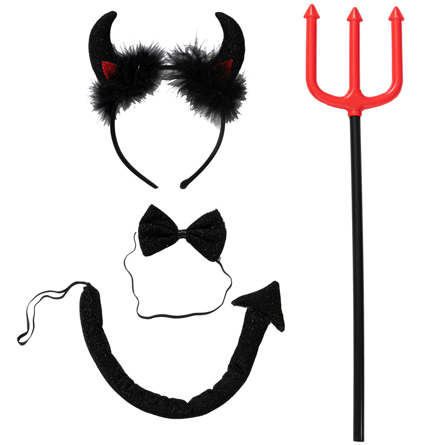 Spooktacular Creations 4 Pcs Halloween Devil Costume Set Demon Costume with Black Devil Horn Headband, Devil Pitchfork, Bow Tie, and Tail for Halloween Cosplay Party Accessories