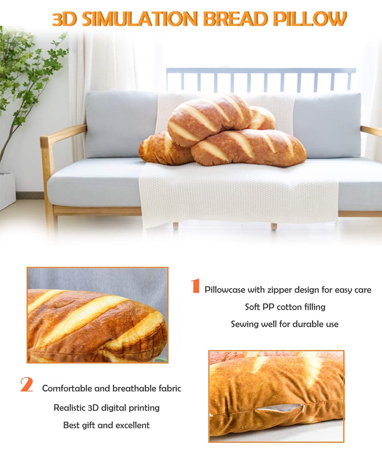 40 in 3D Simulation Bread Shape Pillow Soft Lumbar Baguette Back Cushion Funny Food Plush Stuffed Toy