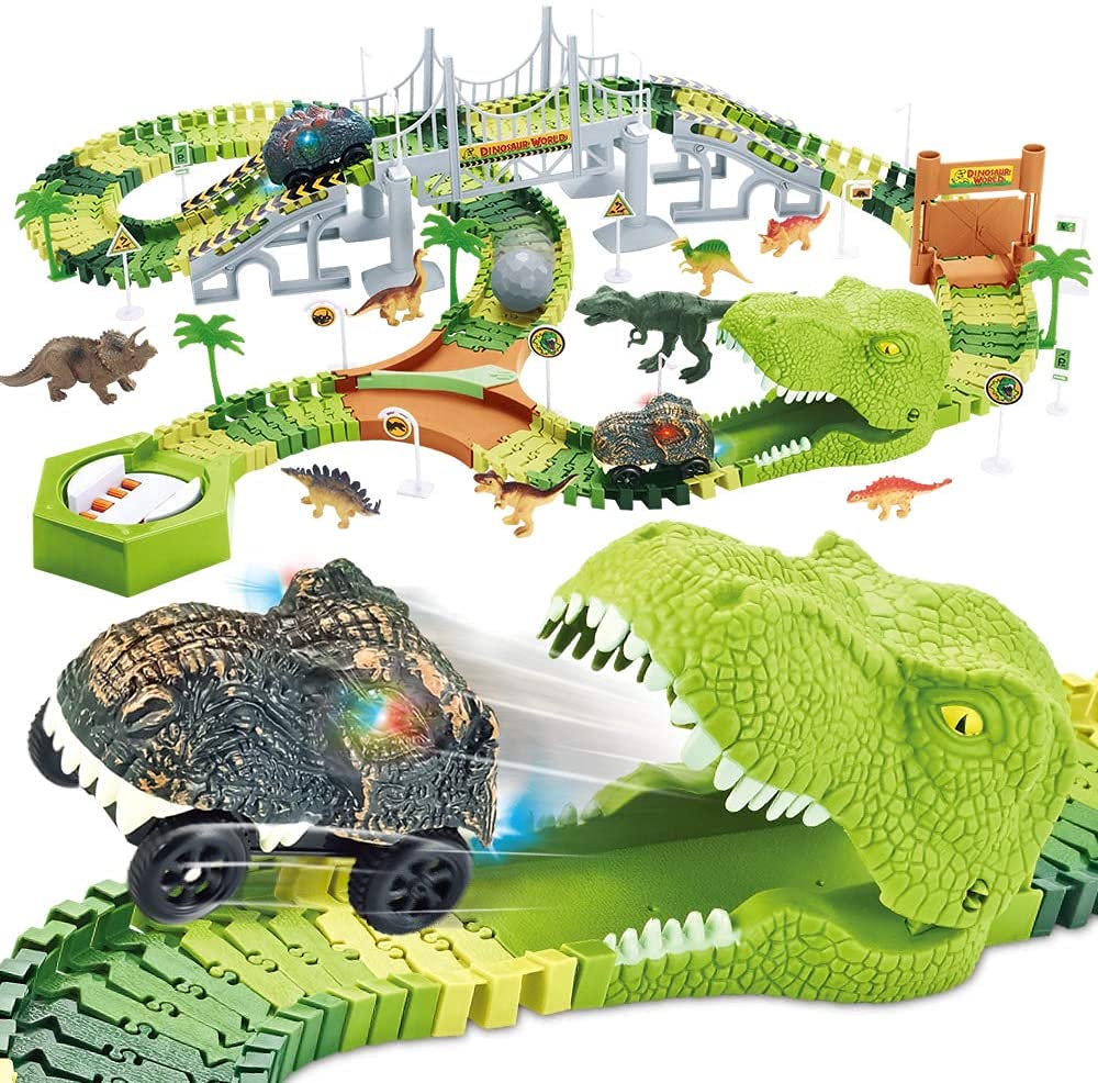 174 PCS Dinosaur Toys Race Track, Flexible Train Tracks with 8 Dinosaurs Figures, 2 Electric Race Cars Vehicle Playset with Lights to Create A Dinosaur World Road Race for Toddlers Kids Boys Girls