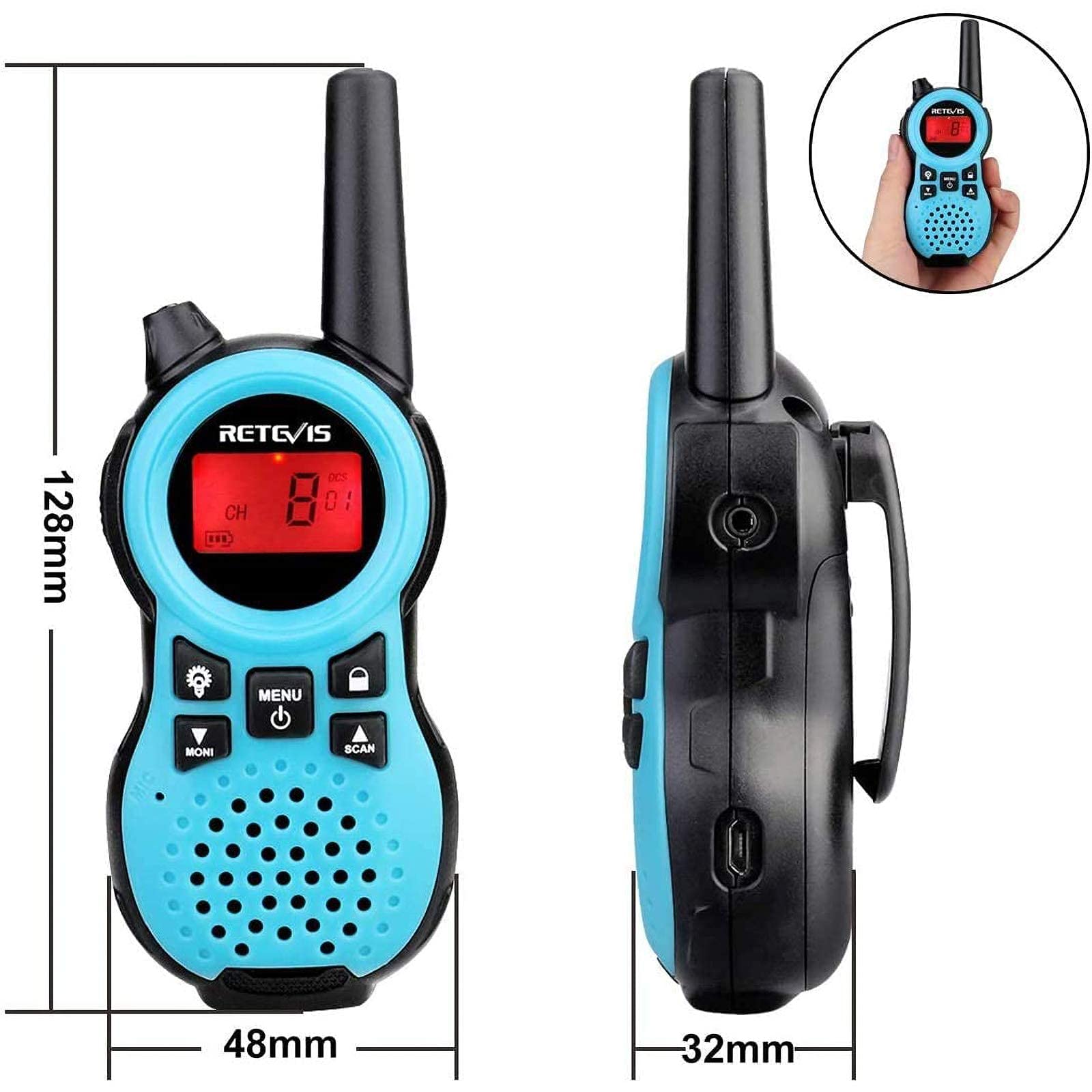 Retevis RT38 Walkie Talkies for Kids,Toys with 22 CH Flashlight,USB Charging Port,Mini Hands Free Walkie Talkie Toy Gifts for Boys Girls Aged 6-12,Camping Hiking Outdoors(Blue, 2 Pack)