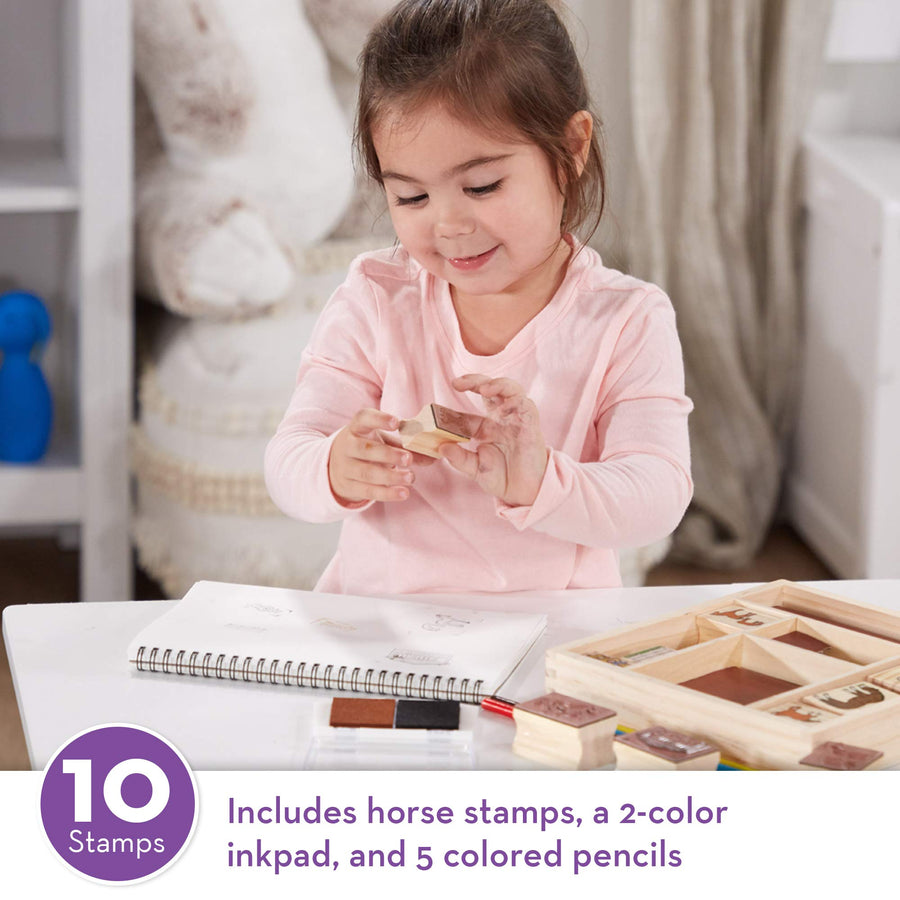 Melissa & Doug Wooden Stamp Activity Set: Horse Stable - 10 Stamps, 5 Colored Pencils, 2-Color Stamp Pad