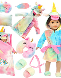 XFEYUE 18 inch Doll Clothes and Doll Sleeping Bag Set - Rainbow Unicorn Doll Costume with Unicorn Style Sleeping Bag, Pillow, Eye Mask Slumber Party Accessories Fits American 18 Inch Girl Doll
