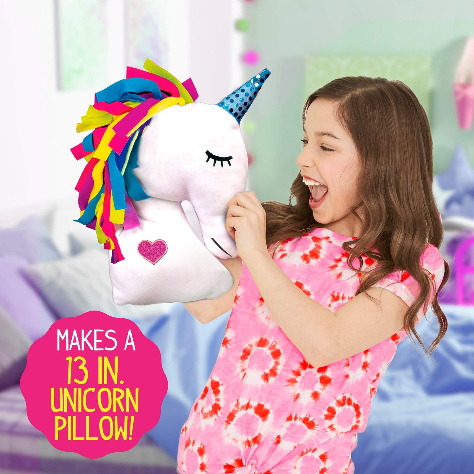 Made By Me Make Your Own Unicorn Pillow by Horizon Group USA, Unicorn Shaped DIY Decorative Pillow. Fiberfill, Glitter Stickers & Rainbow Fleece Strips Included. No Sewing Needed