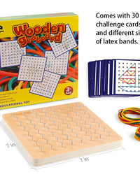 Coogam Wooden Geoboard Mathematical Manipulative Material Array Block Geo Board – Graphical Educational Toys with 30Pcs Pattern Cards and Latex Bands Shape STEM Puzzle Matrix 8x8 Brain Teaser for Kid
