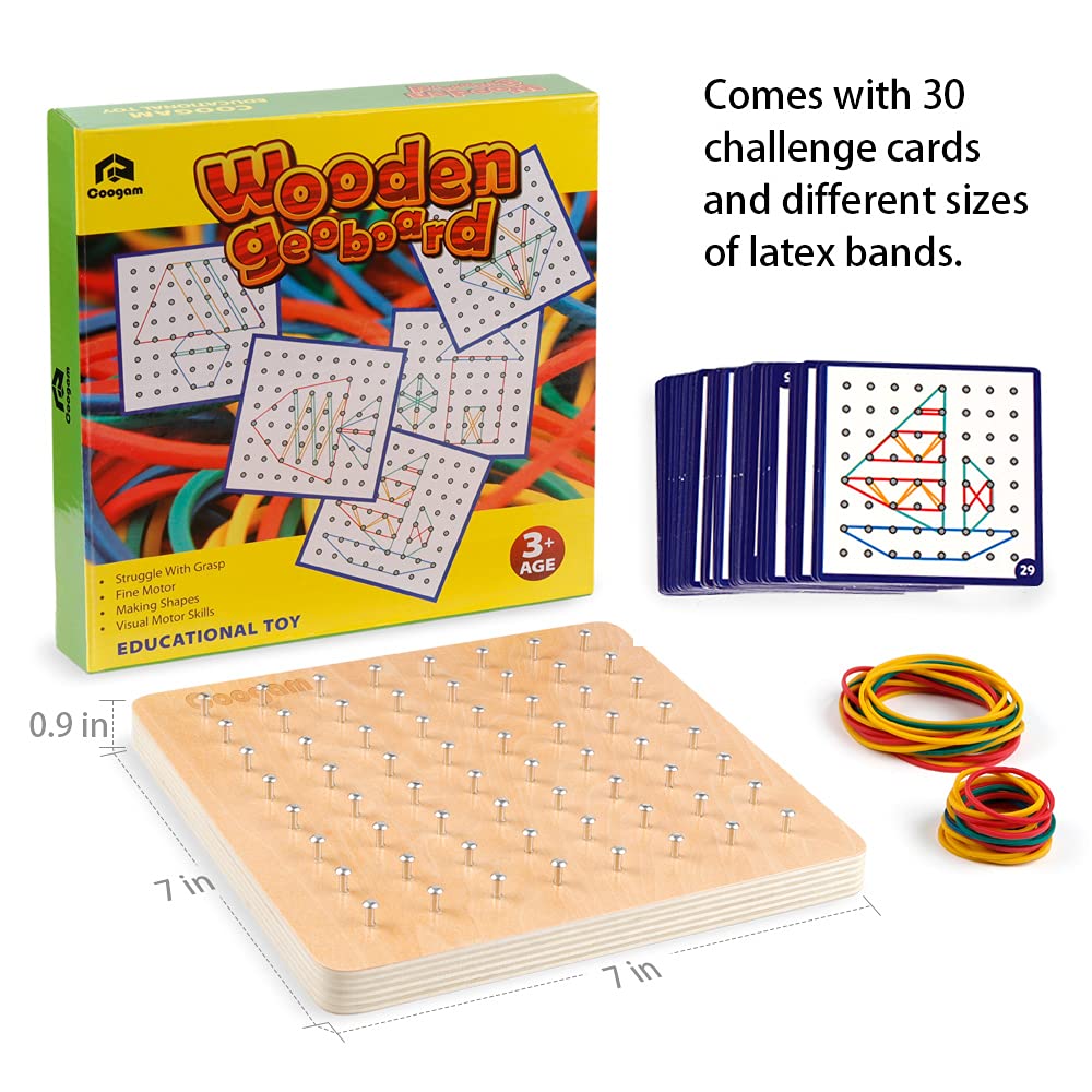 Coogam Wooden Geoboard Mathematical Manipulative Material Array Block Geo Board – Graphical Educational Toys with 30Pcs Pattern Cards and Latex Bands Shape STEM Puzzle Matrix 8x8 Brain Teaser for Kid