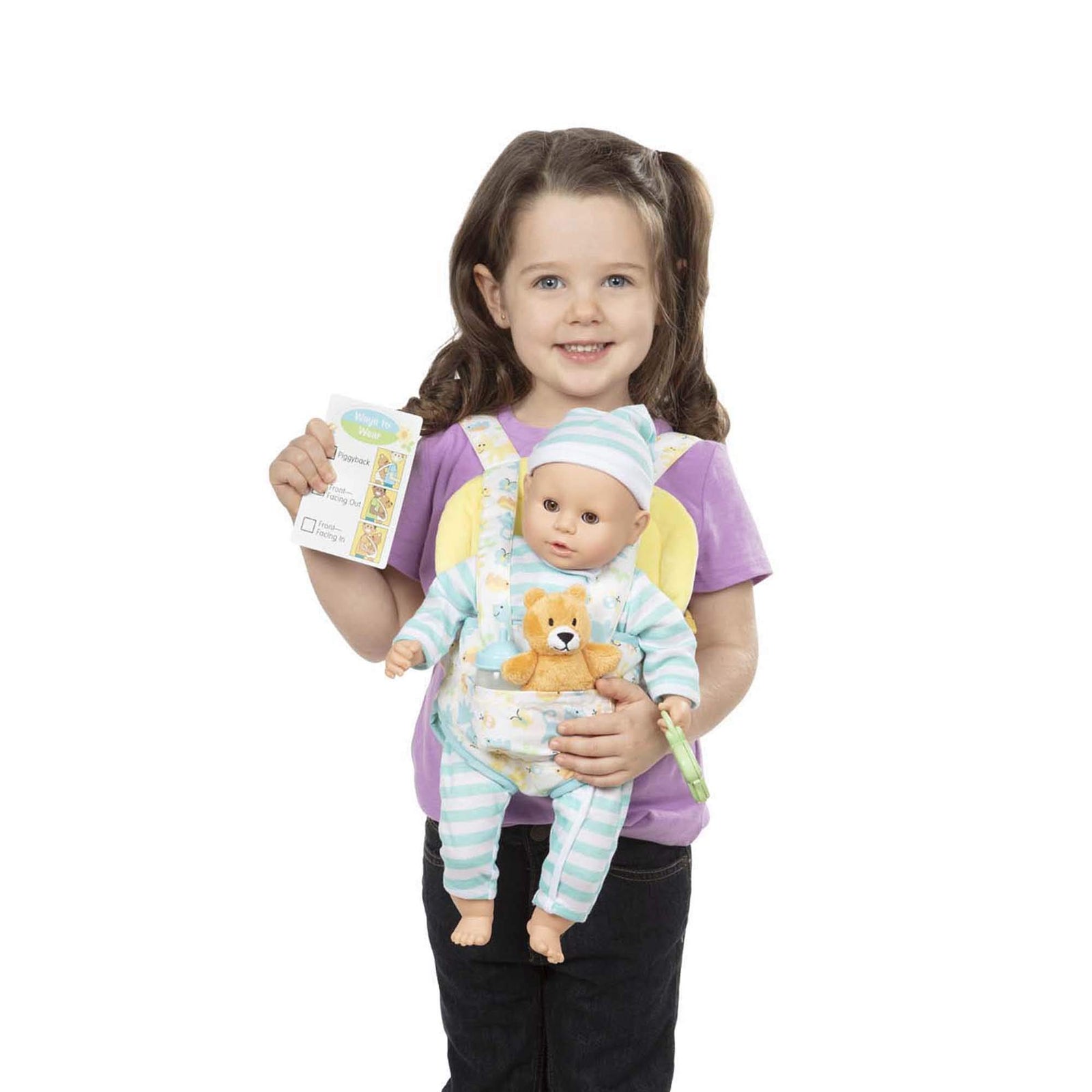 Melissa & Doug Mine to Love Carrier Play Set for Baby Dolls with Toy Bear, Bottle, Rattle, Activity Card