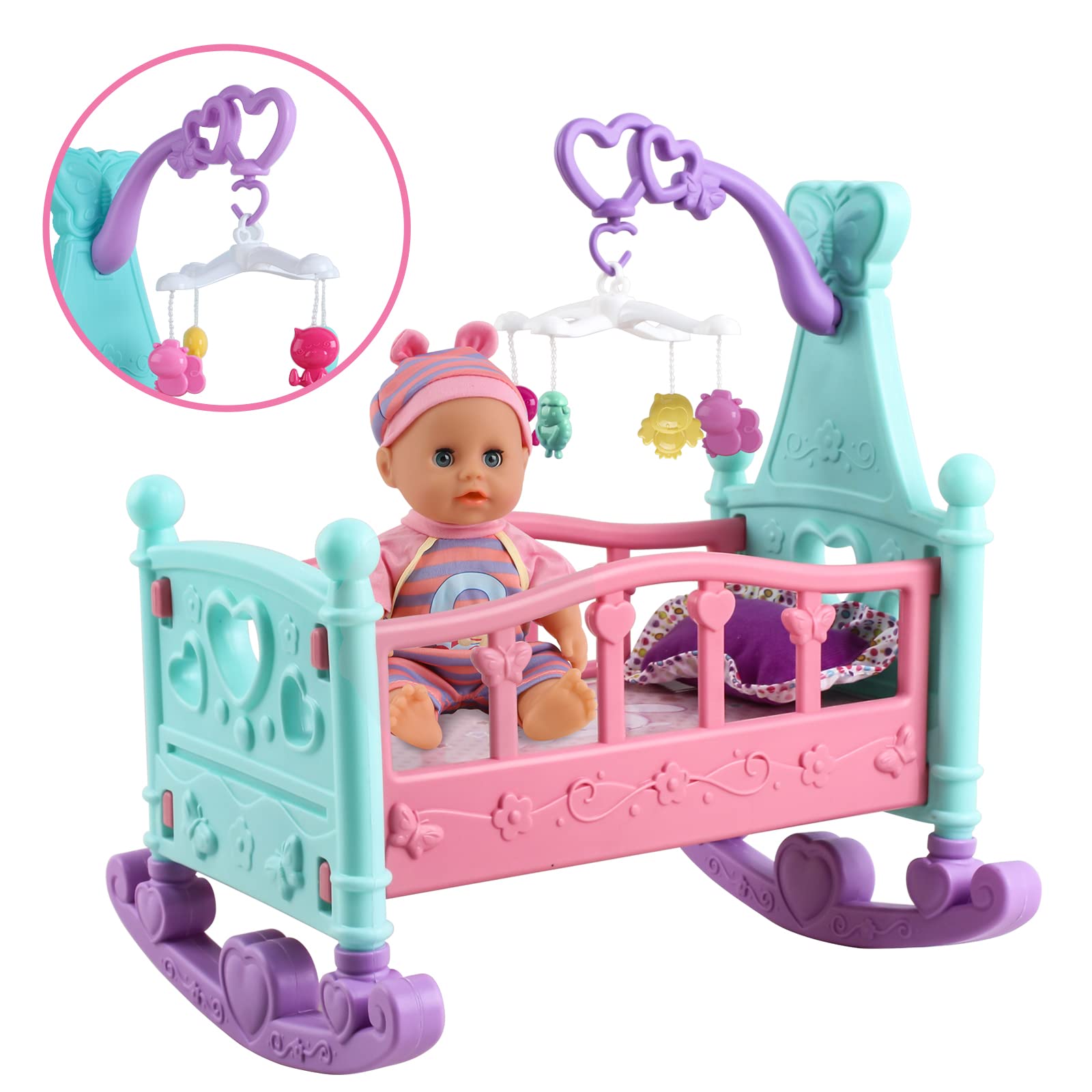 deAO Baby Doll Set with Crib Mobile High Chair Stroller Feeding Accessories 21 Pieces Play Set (Baby Doll Included)
