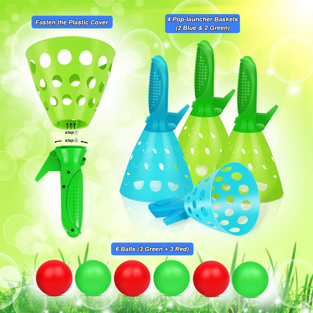Duckura Outdoor Indoor Game Activities for Kids, Pop-Pass-Catch Ball Game with 4 Catch Launcher Baskets and 6 Balls, Christmas Party Favors Gifts Toys for Kids Age 5 6 7 8 9 10+ and Adults
