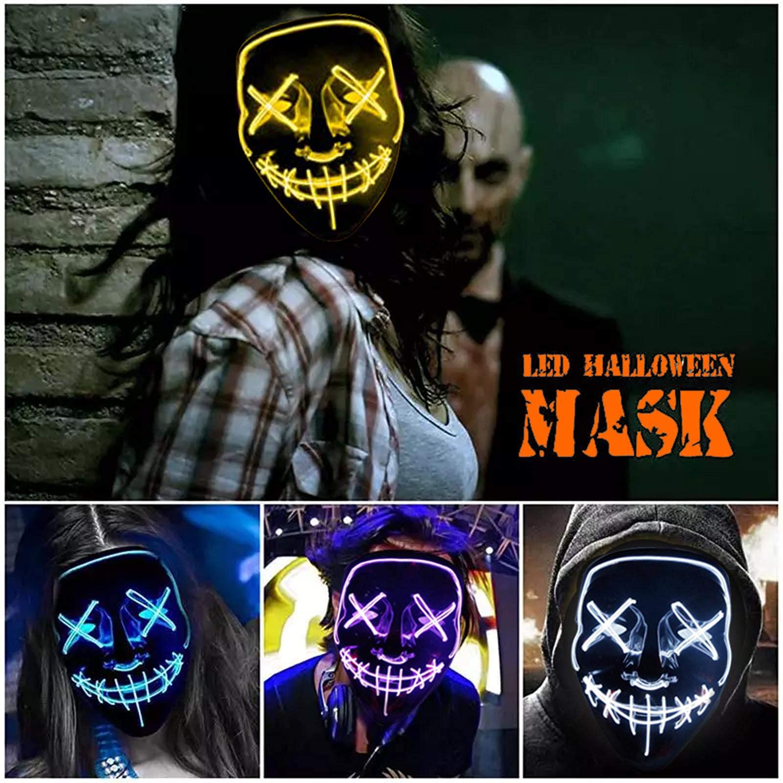 Halloween Led Light Up Mask, Purge Mask, Scary EL Wire Light up Mask Cosplay Led Costume Mask for Halloween, Festival, Party