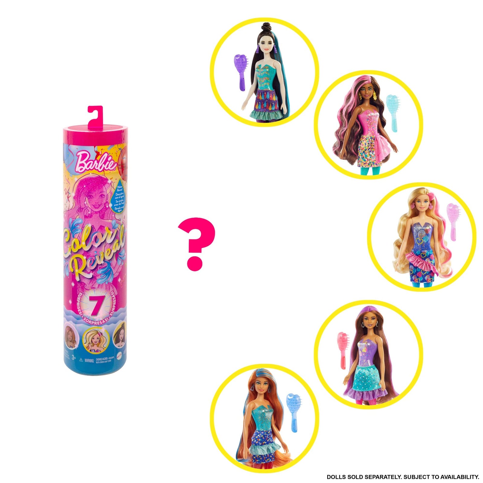 Barbie Color Reveal Doll with 7 Surprises: 4 Bags Contain Skirt, Shoes, Earrings & Brush; Water Reveals Confetti-Print; Doll’s Look & Color Change on Hair & Face; Party Series