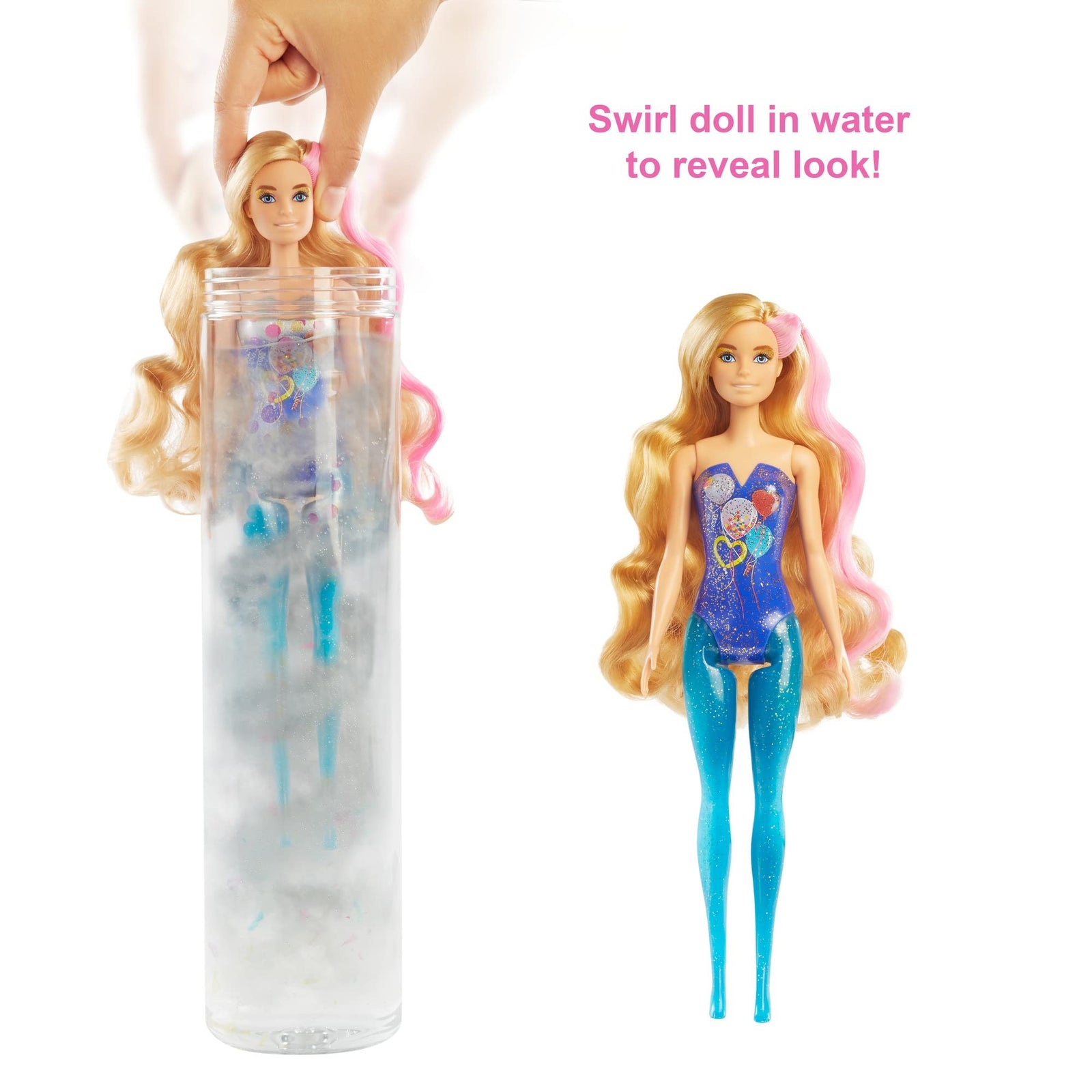 Barbie Color Reveal Doll with 7 Surprises: 4 Bags Contain Skirt, Shoes, Earrings & Brush; Water Reveals Confetti-Print; Doll’s Look & Color Change on Hair & Face; Party Series