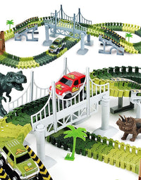 AUUGUU Kids Dinosaur Race Car Track with Flexible Track, Dino Toys, Bridge, Ramps and 2 Race Car Toys – Prehistoric Race Track for Kids Age 3-5
