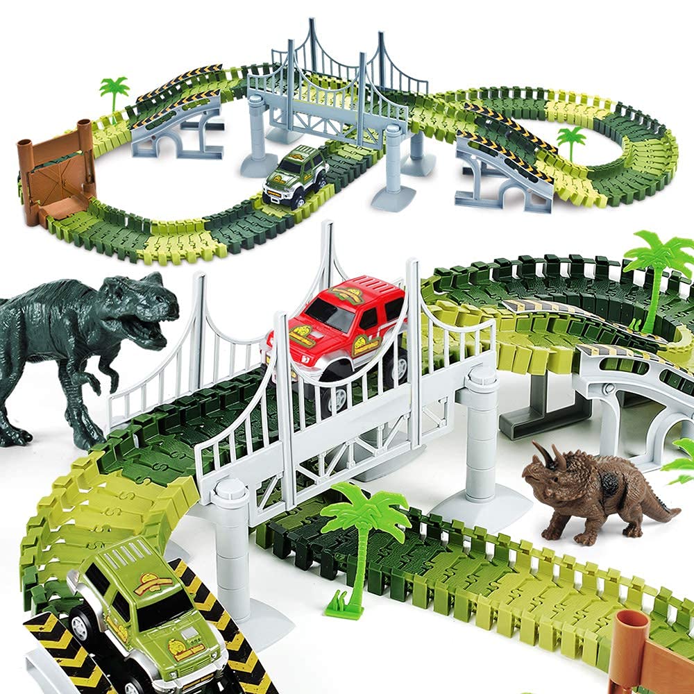 AUUGUU Kids Dinosaur Race Car Track with Flexible Track, Dino Toys, Bridge, Ramps and 2 Race Car Toys – Prehistoric Race Track for Kids Age 3-5