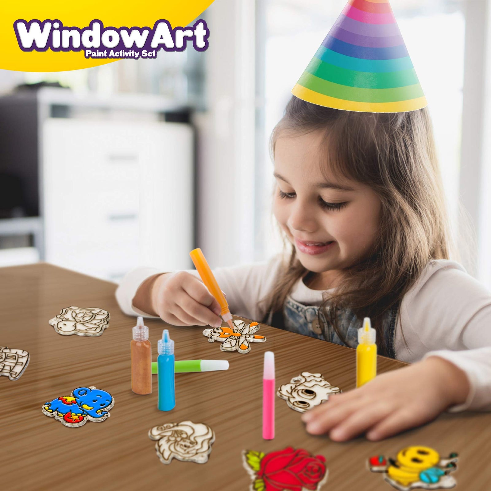Window Paint Art Stickers Kit Kids – Children’s Make Your Own Fun Suncatchers Set – [24] Sun Catchers, [24] Suction Cups & [11] Paints – DIY Car Window & Mirror Arts & Crafts Kit Children