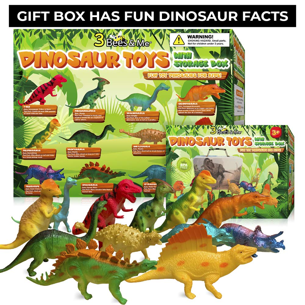 3 Bees & Me Dinosaur Toys for Boys and Girls with Storage Box - 12 Large 6 Inch Toy Dinosaurs & Case - Gift for Kids Age 3 to 8