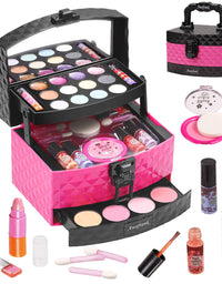 AWEFRANK 30 Pcs Kids Makeup Kit for Girl, Washable Girl Makeup Toy with Makeup Box, Non-Toxic Pretend Play Makeup Kit for Kids, Girl Real Cosmetic Toy Beauty Set
