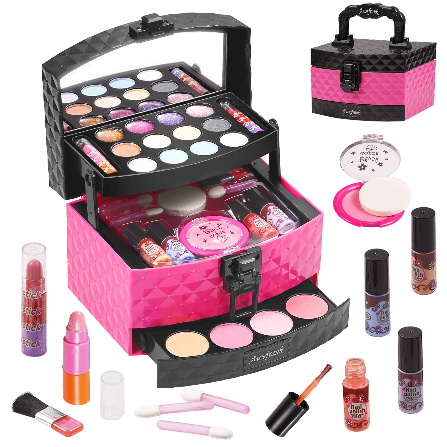 AWEFRANK 30 Pcs Kids Makeup Kit for Girl, Washable Girl Makeup Toy with Makeup Box, Non-Toxic Pretend Play Makeup Kit for Kids, Girl Real Cosmetic Toy Beauty Set