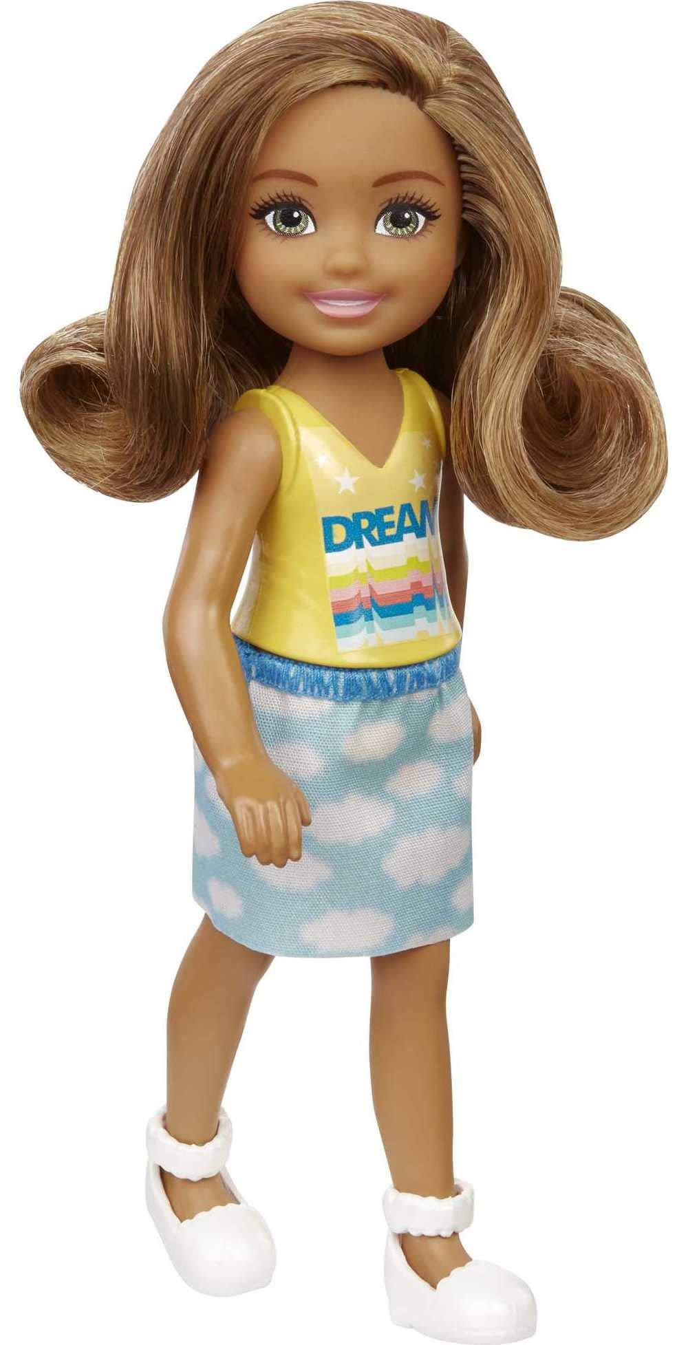 Barbie Chelsea Doll (6-inch Brunette) Wearing Skirt with Cloud Print and White Shoes, Gift for 3 to 7 Year Olds