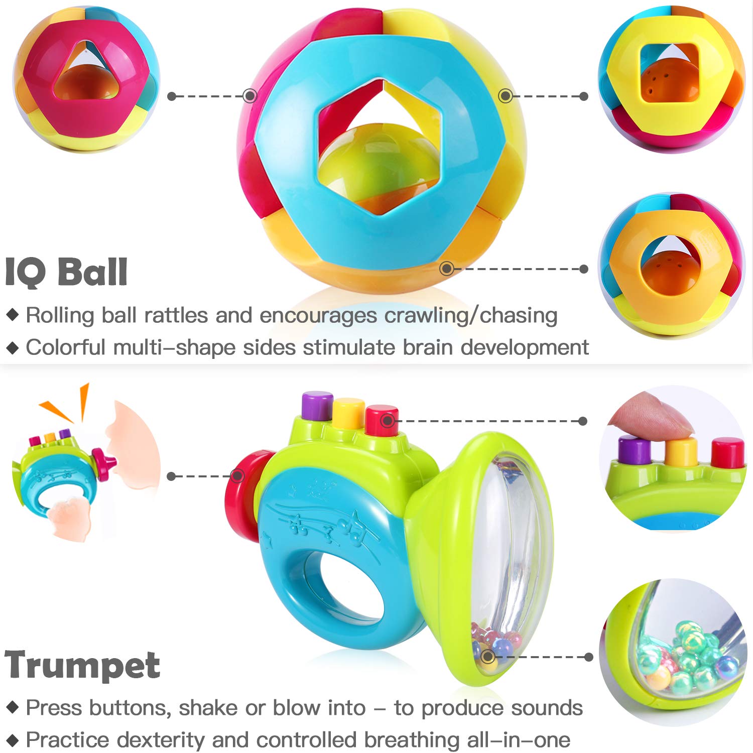 iPlay, iLearn 10pcs Baby Rattle Toys, Infant Shaker, Teether, Grab and Spin Rattles, Musical Toy Set, Early Educational, Newborn Baby Gifts for 0, 3, 6, 9, 12 Months, Girls, Boys