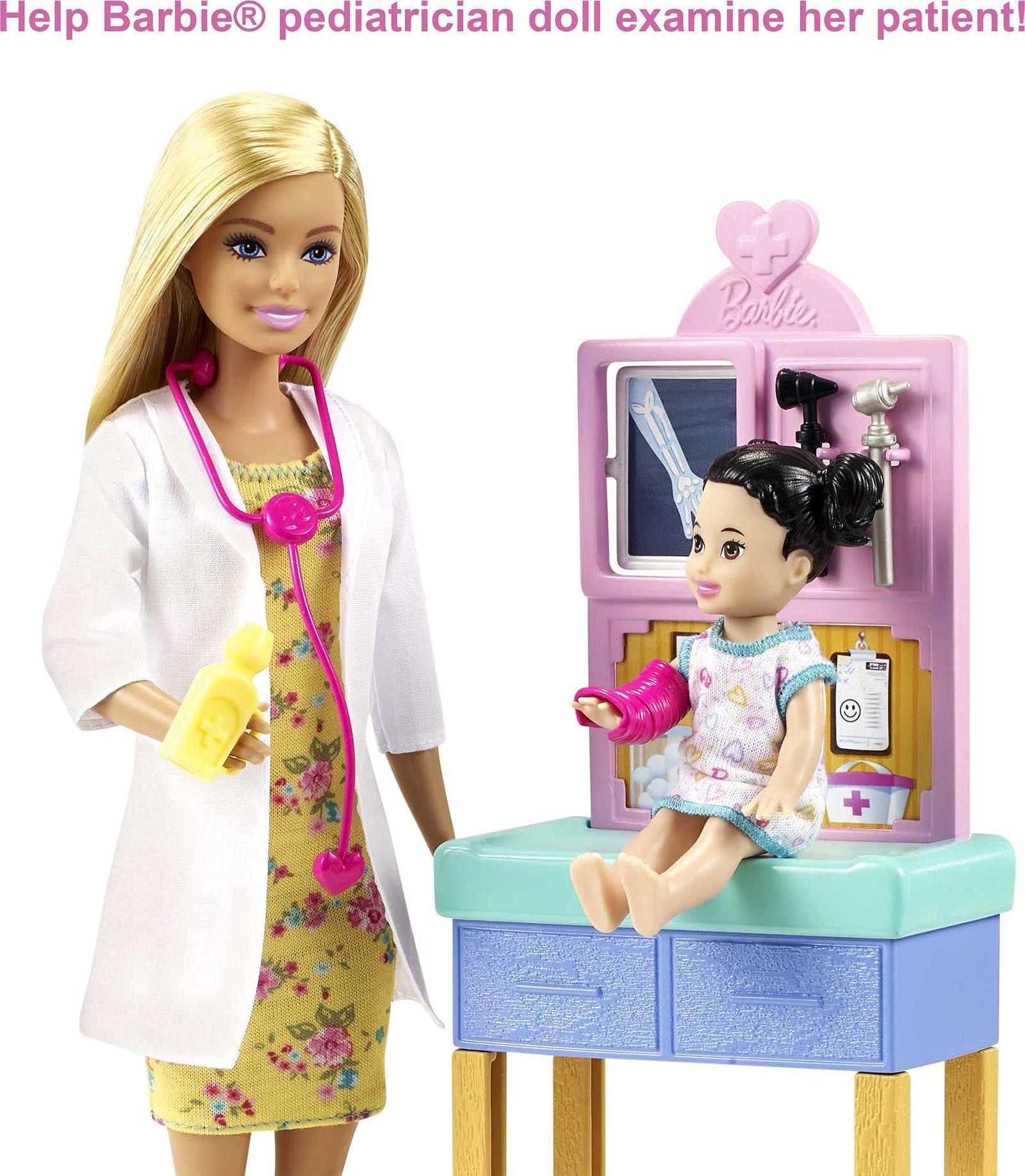 Barbie Pediatrician Playset, Blonde Doll (12-in), Exam Table, X-ray, Stethoscope, Tool, Clip Board, Patient Doll, Teddy Bear, Great Gift for Ages 3 Years Old & Up
