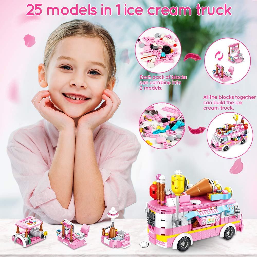 VATOS Girls Building Blocks Toys 553 Pieces Ice Cream Truck Set Toys for Girls 25 Models Pink Building Bricks Toys STEM Toys Construction Play Set for Kids Best Gifts for Girls Age 6-12 and Up