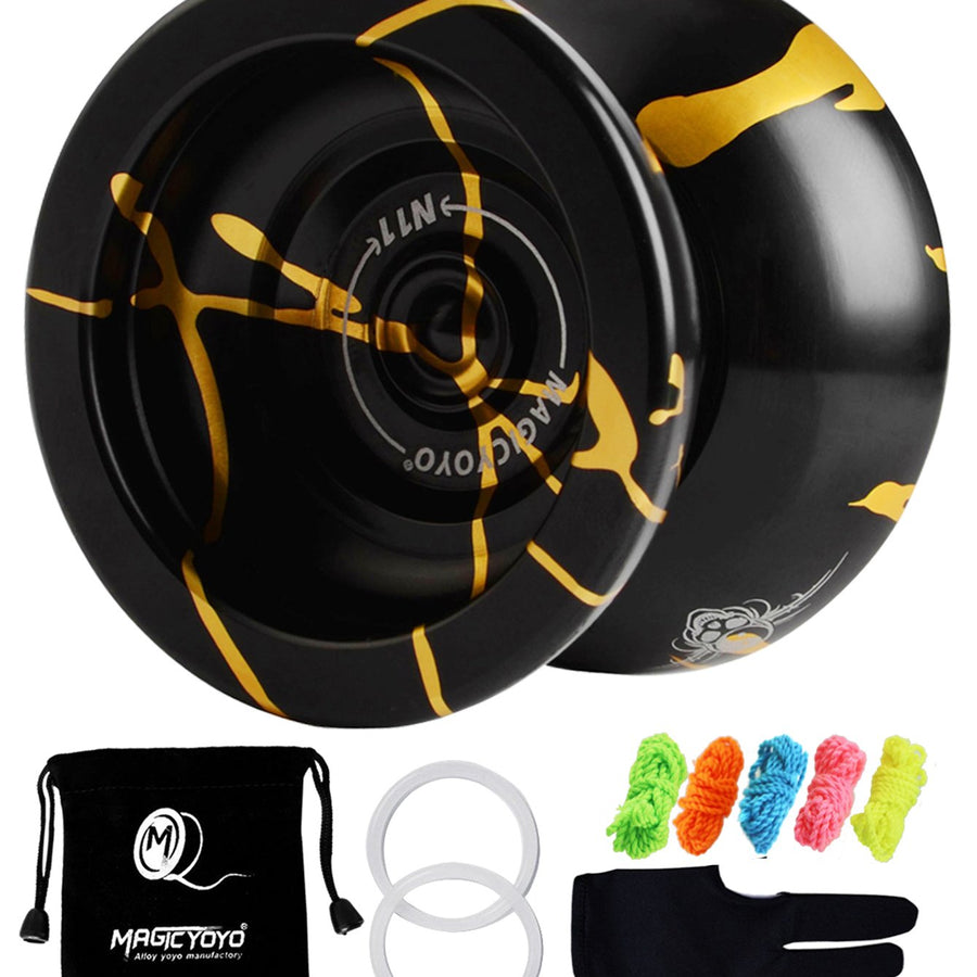 MAGICYOYO N11 Professional Unresponsive Yoyo N11 Alloy Aluminum YoYo Ball (Black with Golden) with Bag, Glove and 5 Strings