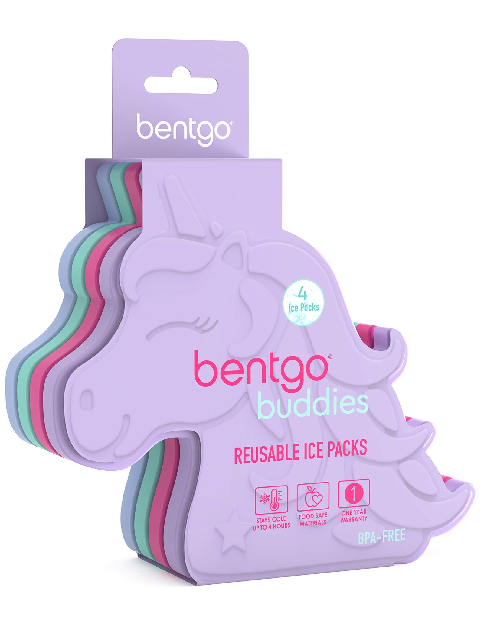 Bentgo Buddies Reusable Ice Packs - Slim Ice Packs for Lunch Boxes, Lunch Bags and Coolers - Multicolored 4 Pack (Unicorn)