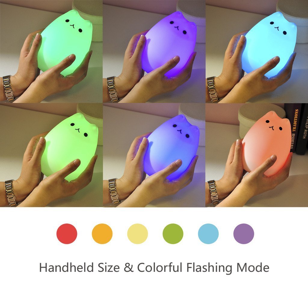 WoneNice Portable Cute Cat Silicone LED Night Lamp,USB Rechargeable Children Night Light with Warm White & 7-Color Breathing Modes, Touch Sensor Control, Christmas Gifts for Baby, Kids, Adults