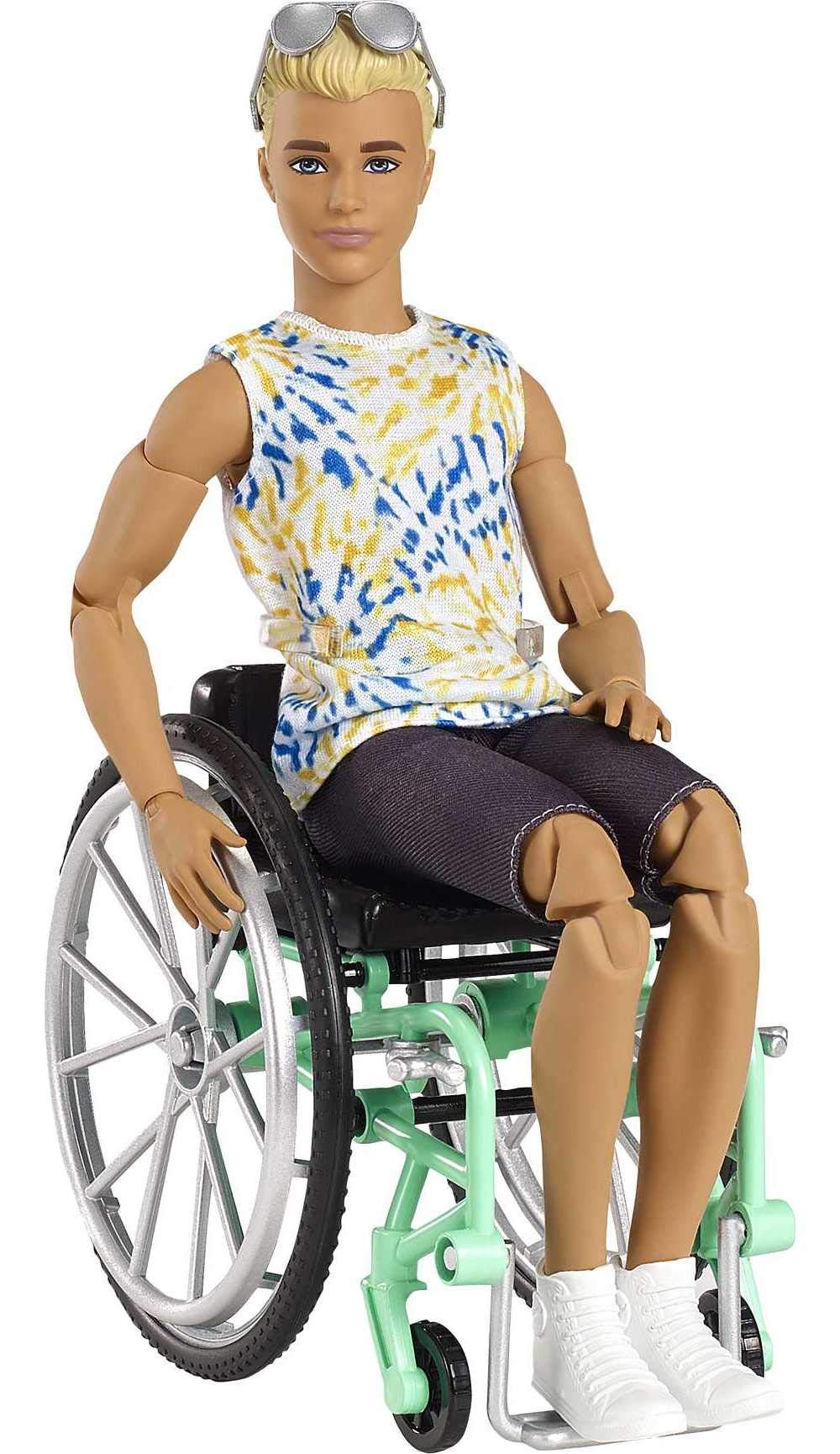 Barbie Ken Fashionistas Doll #167 with Wheelchair & Ramp Wearing Tie-Dye Shirt, Black Shorts, White Sneakers & Sunglasses, Toy for Kids 3 to 8 Years Old