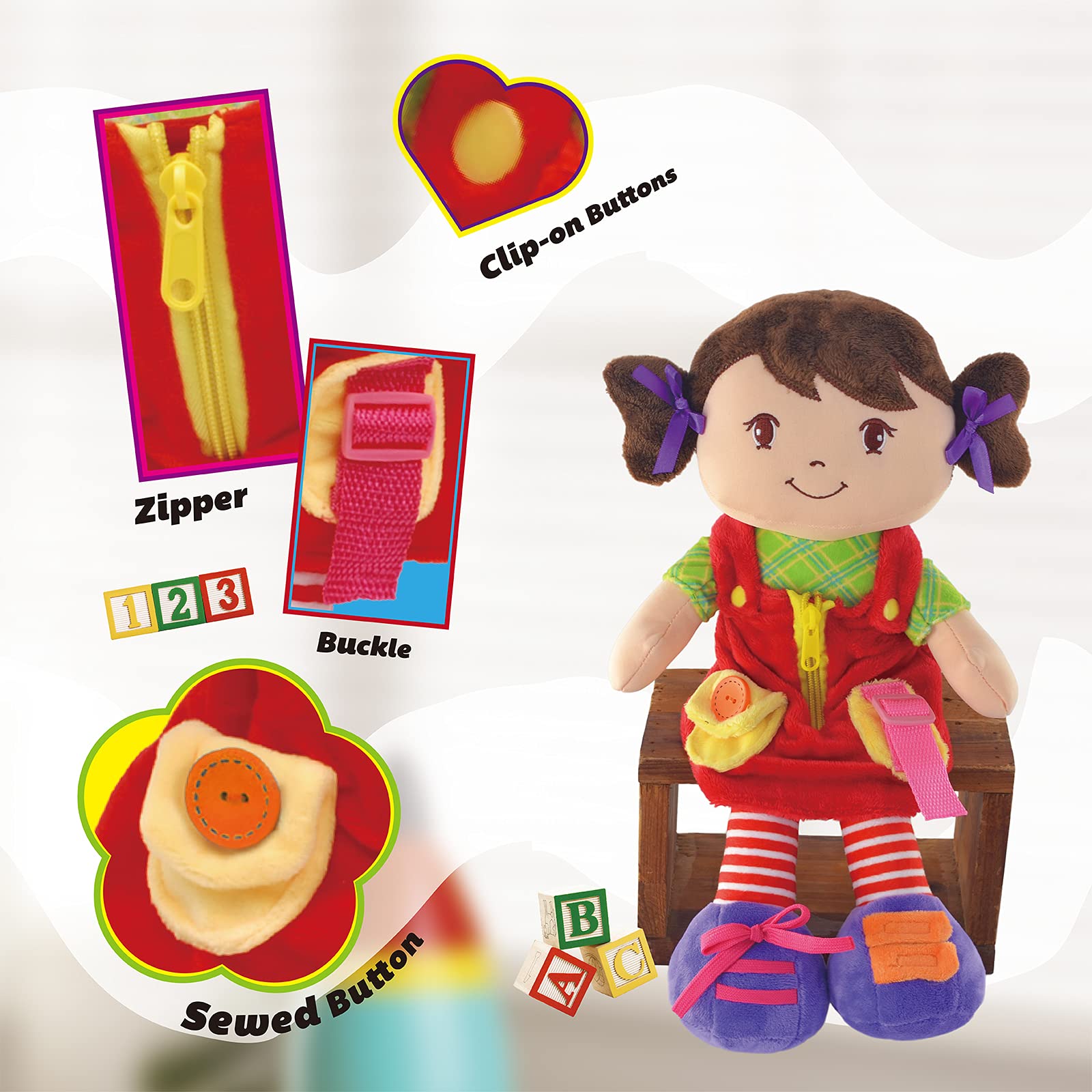 Linzy Plush 16" Educational Plush Doll, Adorable Plush Doll Comes with clad ,a Removable Outfit Packed with Closures-Perfect for Testing a Little One's Growing Problem Solving and Motor Skills