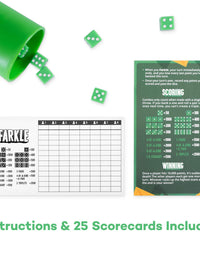 Brybelly Farkle: The Classic Family Dice Game | Set Includes Dice Cup, Set of 6 Green Dice, 25 Scorecards, and Storage Box
