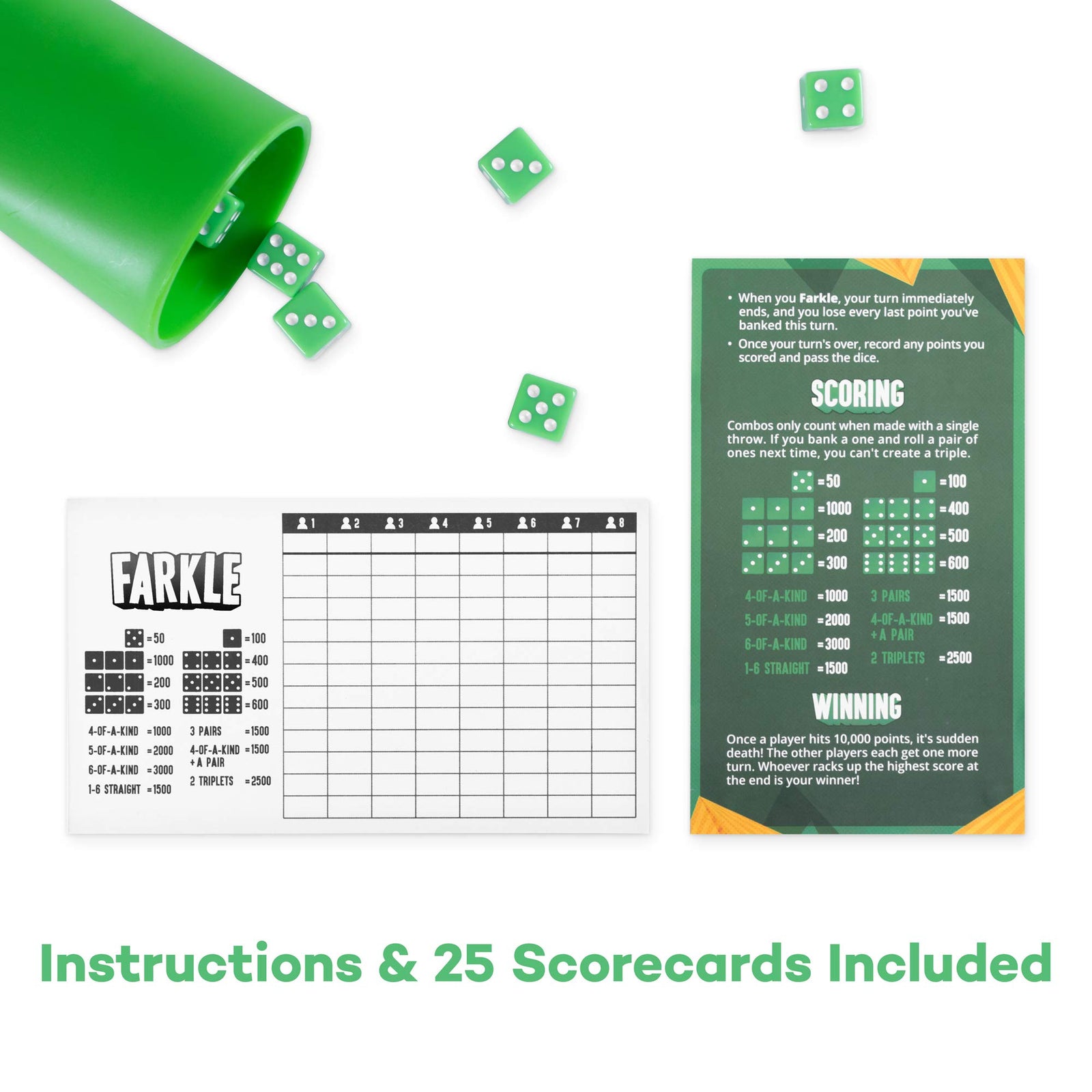 Brybelly Farkle: The Classic Family Dice Game | Set Includes Dice Cup, Set of 6 Green Dice, 25 Scorecards, and Storage Box