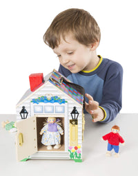 Melissa & Doug Take-Along Wooden Doorbell Dollhouse - Doorbell Sounds, Keys, 4 Poseable Wooden Dolls
