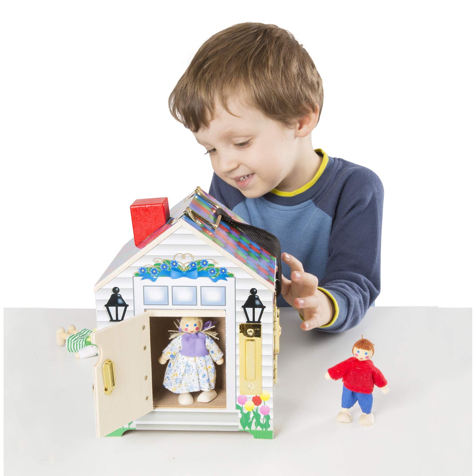Melissa & Doug Take-Along Wooden Doorbell Dollhouse - Doorbell Sounds, Keys, 4 Poseable Wooden Dolls