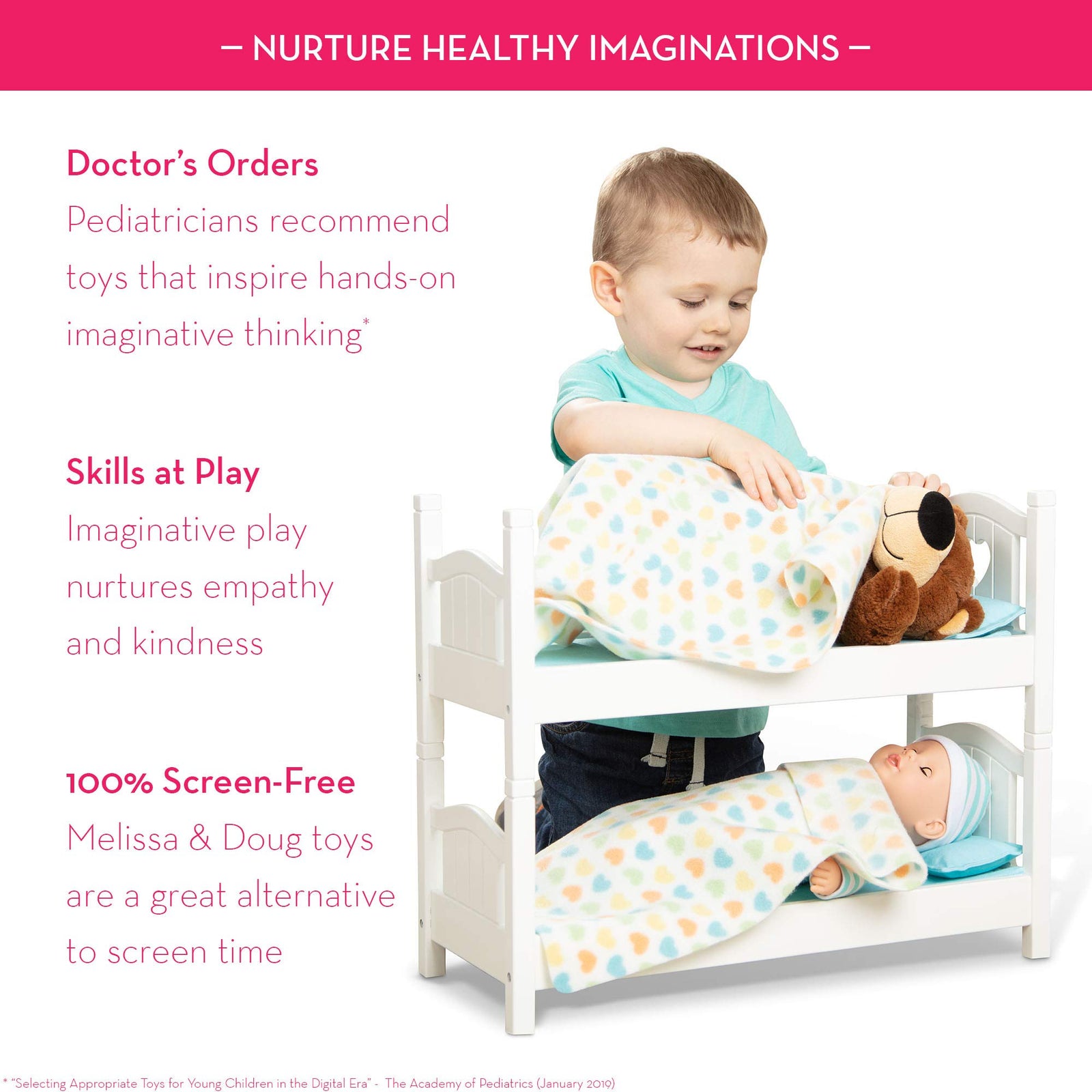 Melissa & Doug Mine to Love Wooden Play Bunk Bed for Dolls-Stuffed Animals - White (2 Beds, 17.4”H x 9.1”W x 20.7”L Assembled and Stacked)