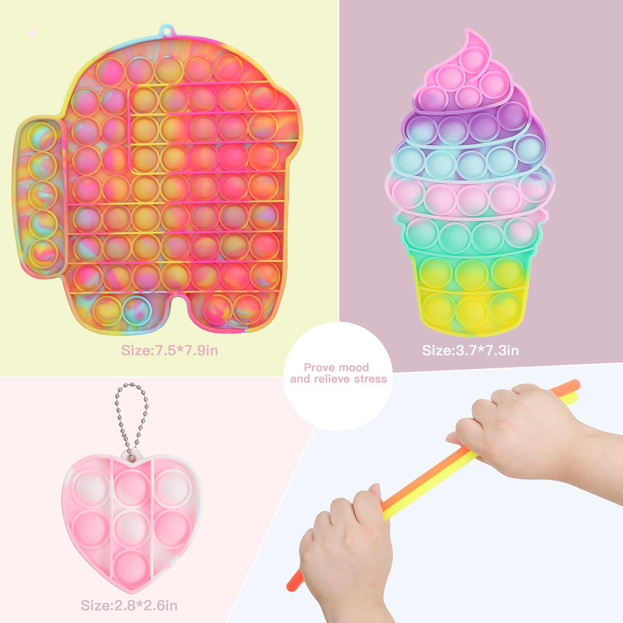 Fidget Poppers Toy Sets Pop Fidgets Packs Sensory Toys, Big Medium and Mini Push pop, Fidget Spinners, Stretchy String, Wacky Tracks, Squishy Toys, Spiky Sensory Rings, mesh and Marble(25 Packs)