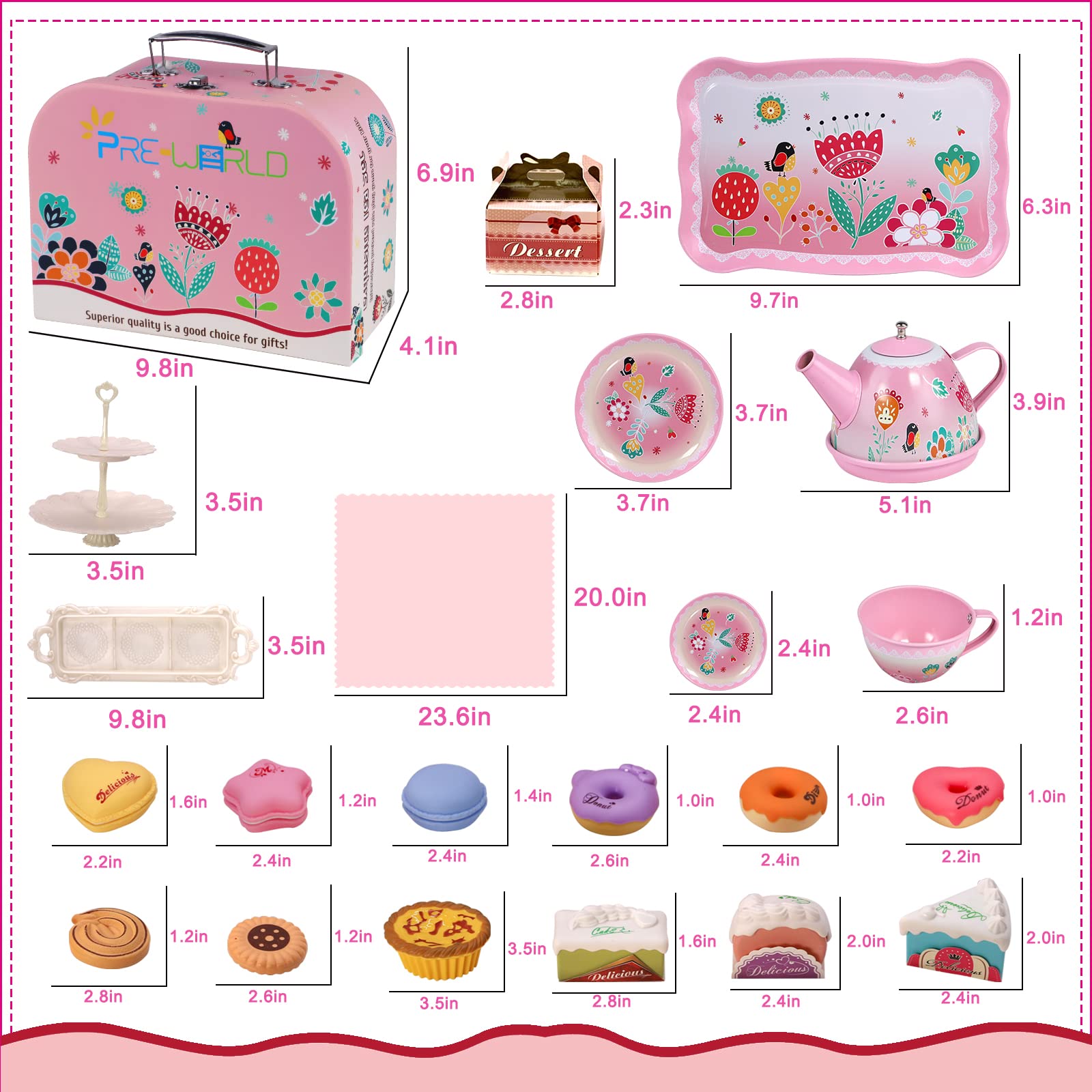 PRE-WORLD Tea Party Set for Little Girls, Princess Tea Time Toy Including Dessert,Cookies,Doughnut,Teapot Tray Cake, Tablecloth & Carrying Case,Kids Kitchen Pretend Play for Girls Boys Age 3-6