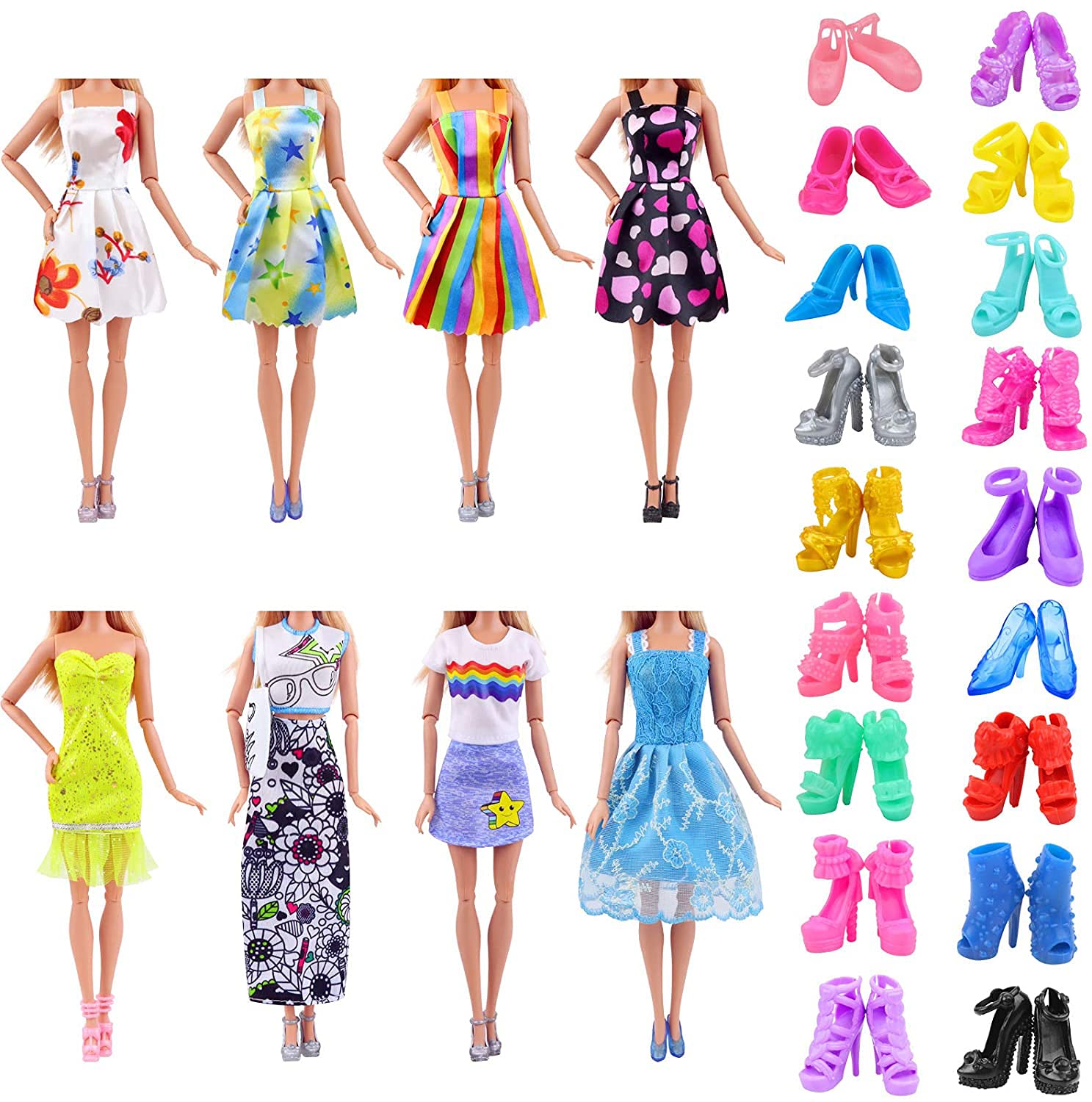 Ecore Fun 30 PCS Doll Clothes and Accessories 5 Fashion Clothes Sets 5 Fashion Skirts 10 Mini Dresses 10 Shoes Fashion Casual Outfits Set Perfect for 11.5 inch Dolls