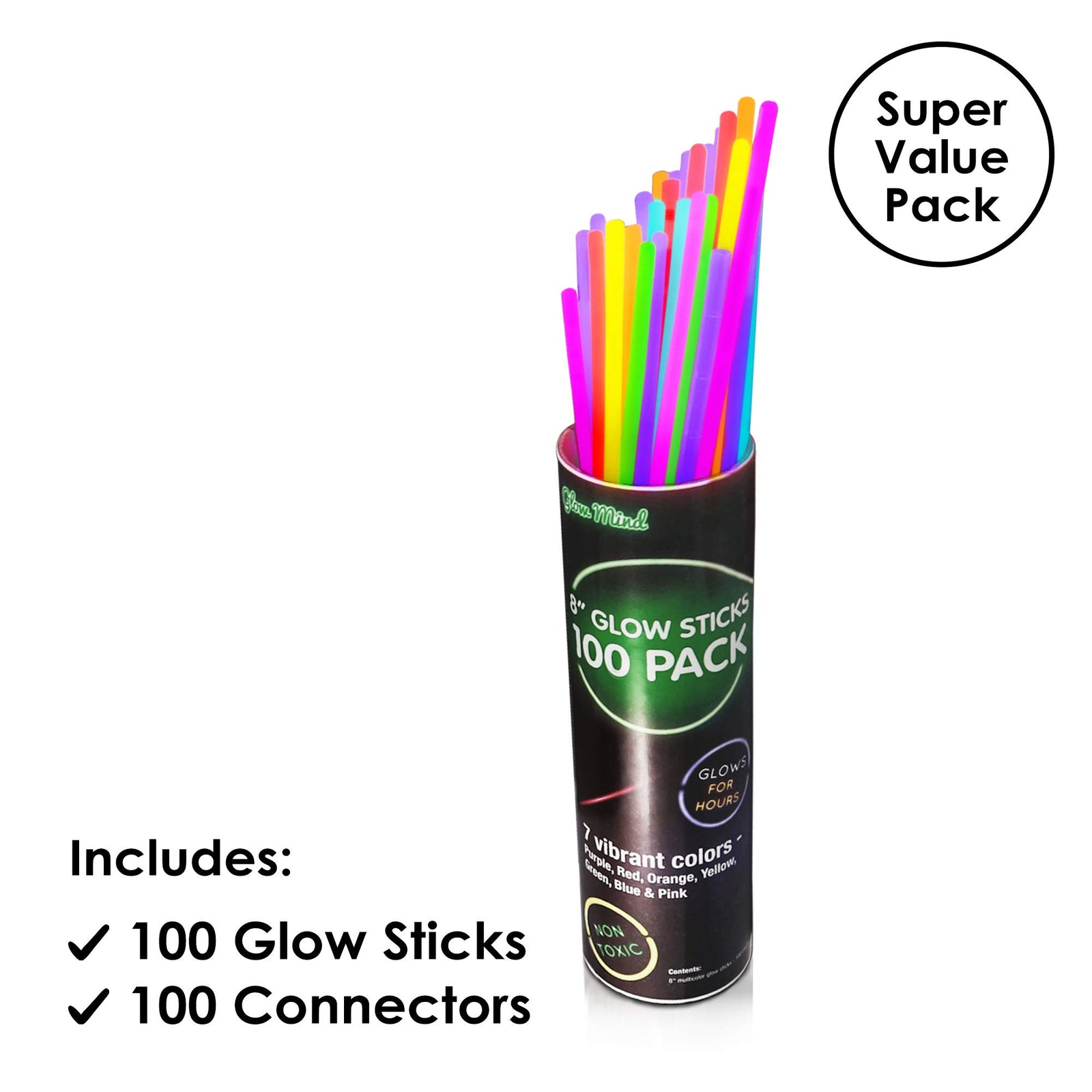 100 Glow Sticks Bulk Party Supplies - Glow in The Dark Fun Party Pack with 8" Glowsticks and Connectors for Bracelets and Necklaces for Kids and Adults